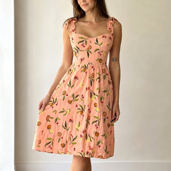 LC Lauren Conrad Dresses & Skirts - Fruit Print Linen Blend Midi Dress LC Lauren Conrad Peach Pink M Cottage Picnic